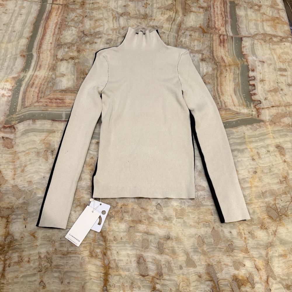 Commense Womens Ribbed Mock Neck Sweater Size L Cream Black Side Stripe Knit NWT